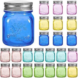 Amzcku Mini Colored Mason Jars 5 oz with Metal Lids - Glass jar for Jam, Honey, Candle, Canning, Wedding Favors, Shower Favors, Food Storage, Jelly, DIY Spice Jars, 24 Pack…