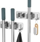 HOMEASY Mop Broom Holder Wall Mounted SUS304 Stainless Steel, Mop Broom Organizer with 2 Installation Methods (No Drilling&Screw Drilling Installation 2 In 1), Mop Hanger Heavy Duty with Hooks, 2PCS