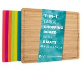 Klass 7 in 1 Chopping Board Bamboo Large Chopping Board with 6 Colour Coded Chopping Boards PVC Mats Chopping Board Set | Wooden Chopping Boards Contamination Free Cutting Board with Integrated Mats