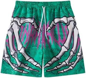 SHENHE Men's Y2K Graphic Shorts Gothic Skull Print Drawstring Casual Summer Streetwear Anime Bandana Paisley Shorts Green M