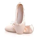 KUKOME Ballet Slippers Women Ballet Dance Toe Shoes Satin Pointe Shoes with Ribbons and Silicone Pointe Gel Toe Pink