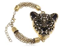 Alilang Gold Toned Cheetah Head Bold Black Enamel Rhinestone Chain Fashion Bracelet for Women