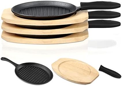 Tanlade 3 Sets Cast Iron Skillets Pre Seasoned Fajita Pan Heavy Duty Construction Sizzling Plates with Wooden Base and Silicone Handle Mitt, Black