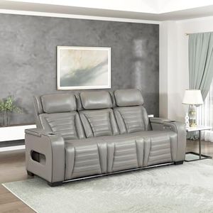 Lexicon Power Double Reclining Sofa, Center Drop-Down Table with Heat/Massage/Headrest/Storage Arms/Cup Holders/Wireless Charging/LED Lights, Top Grain Leather Match Wall Hugger Recliner Sofa, Gray