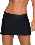 REKITA Women Swim Skirt Solid Color Waistband Skort Bikini Bottom,Black,Small