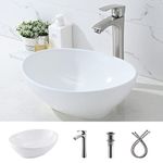 Vessel Sink, White Vessel Sink with Faucet and Drain Combo -Bokaiya 16x13 Oval Vessel Sink Above Counter Porcelain Ceramic Bathroom Sink Art Basin