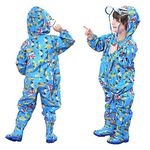 FILOWA Kids Puddle Suit Boys Raincoat Hooded Waterproof All in One Rainsuit Blue Lightweight Portable Breathable Rainwear PVC Transparent Hat Zipper Muddy Suit for Childs 1-3 Years