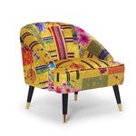 Multicolour Gold Patchwork Striped Pink Floral Print Accent Slipper Bedroom Chair , Occasional Cocktail Chair for Coffee Table Corner Living Room Office , Small Single Dressing Table Vanity Armchair