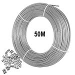 2 mm wire rope, 316 stainless steel wire cable, 50 m long aircraft cable with 25 piece crimp loop sleeve, 7 x 7 stranded core, 167 kg break resistance, perfect for outdoor, garden or craft work.