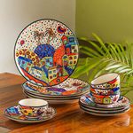 ExclusiveLane 'Hut Dining' Handpainted Floral Ceramic Dinner Set & Quarter Plates with Katoris (12 Pieces, Serving for 4) | Dinner Plates Set Serving Plates Bowl Set Dinner Serving Set (Multicolor)