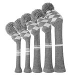 Scott Edward Golf Headcovers 5Pcs for Driver*1 Fairway*2 Hybrid*2,Knitted Elastic Yarn Double Layers Big Pom Protect Golf Club from Scracthes and Dust,Perfect Match Golf Bags (Grey/White Argyles)