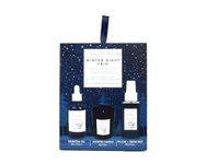 Sunday Rain Winter Night Trio, Vegan & Cruelty Free Pamper Gift Set with Scented Candle, Massage and Body Oil, and Pillow and Room Mist, Frankincense and Sandalwood Scented, 3 Piece