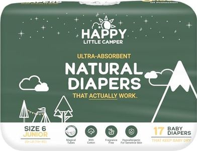 Happy Little Camper Ultra-Absorbent Hypoallergenic Natural Disposable Baby Diapers, Chlorine-Free Protection for Sensitive Skin, Junior, Size 6, 17 Count