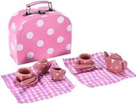 Jewelkeeper Tea Set for Little Girls - 14 pcs. Porcelain Tea Set for Kids Tea Time Includes Teapot, 2 Tea Cup and Saucers, 2 Spoons, 2 Napkins, Creamer and Sugar Bowl. Pink Polka Dot Tea Party Set