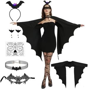 Joellfuner Chauve-Souris Costume pour Femme, Déguisement de Chauve-Souris Noir pour Halloween, Cape à Ailes de Chauve-Souris, Bandeau, Masque, Collier Set pour Halloween Carnaval Cosplay