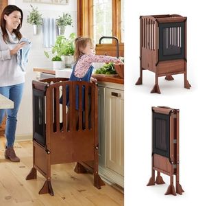 Guidecraft Contemporary Kitchen Helper® Stool with 2 Keepers - Walnut: Adjustable Height Wooden Counter Step Stool for Toddlers