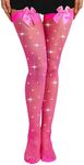 RSLOVE Women Thigh High Stockings Sparkly Rhinestone Fishnets with Satin Bow Tights Pantyhose Hosiery Pink