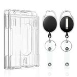 Pawfly 2 Pack Vertical 2-Card Badge Holder with Thumb Slots Hard Transparent PC Case Protector with Retractable Badge Reel Carabiner Clip for IDs Credit Cards Driver’s Licenses and Passes