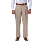 Haggar Men's Mynx Gabardine Pleat-Front Dress Pant with Hidden Expandable Waist, Tan, 36W x 32L