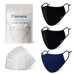 Euroca - Cloth Face Mask, Soft Cotton Face Masks, Washable & Reusable Face Masks, Face Mask Set, Adjustable Face Mask With Filter Sheets (PM2.5), Black, Black & Navy, Set of 3, Men