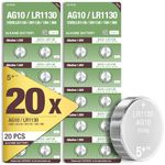 5Plus 20Pcs LR1130 AG10 SR1130 LR54 Battery 1.5V Alkaline Button Cell Batteries for Watch, Hearing Aids, Glucometer, Key Fobs, Car Keys and Small Electronics