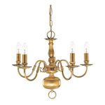 FLEMISH SOLID ANTIQUE BRASS 5 LIGHT CHANDELIER WITH METAL CANDLE COVERS