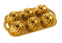 Nordic Ware 88077 Heritage Bundtlette Cast Aluminium Bundt Tin, Makes 6 Mini Cakes with Swirled Pattern, Made in The USA, Colour: Gold