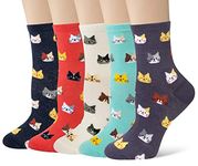 YSense 5 Pairs Womens Cute Animal Socks Colorful Funny Casual Cotton Crew Socks Dogs Cats Socks (Cat)