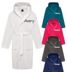 Personalised Boys & Girls Hooded Bathrobe 100% Cotton Childrens Towelling Bath Robe Kids Dresing Gown 2-14 Years (White 8-10 Years)