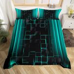 Manfei Teal and Black Duvet Cover Set Double Size, Abstract Ombre Comforter Cover, Geometric Striped Lattice Bedding Set for Kids Boys Girls Bedroom Decor, Lightweight Bedspread Cover, 2 Pillowcases