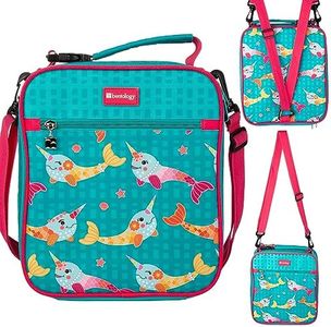 Bentology Convertible Soft Blue Narwhal Insulated Durable Lunch Bag For Kids-Zippered Outer Pocket-Adjustable Straps Convert to Backpack, Shoulder Bag or Lunch Box- Back To School & Travel