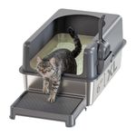 Stainless Steel Litter Box High Sides, Extra Large Cat Litter Box Enclosure for Big Multiple Cats with Lid, Metal Litter Tray, Non-Sticky (24''L X 16''W X 12''H with Scoop&mat)