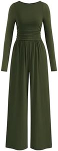 PRETTYGARDEN One Piece Jumpsuits for Women Dressy Casual Long Sleeve Crewneck Wide Leg jumpers Rompers Fall Outfits 2025 (Army Green, XS)