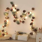 SHareconn 2PCS 6FT(2 * 180cm) Artificial Christmas Garland with Prelit Lights,Snow Pine Cone&Red Berry String for Mantle Stairs Fireplace Xmas Decorations/Indoor Outdoor Christmas Decor,Snow