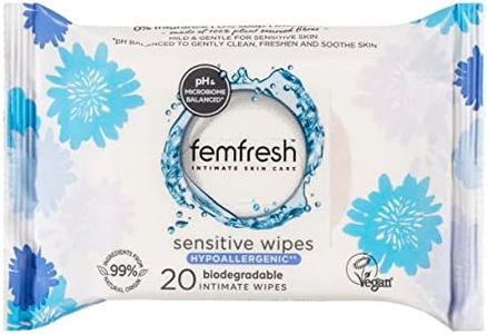 Femfresh Sensitive Wipes - Biodegradable Wipes - With Lactic acid, Aloe Vera & Calendula Extracts - 0% fragrance, 0% colour - 99% Natural Origin Ingredients - Hypoallergenic & Soap Free - Vegan Friendly - Sensitive Wipes - Pack of 20