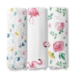 haus & kinder Nature Nexus Collection 100% Cotton Muslin Baby Swaddle Wrap For New Born, Size 100 Cm By 100 Cm - Pack Of 3 (Bird Flamingo, Happy Bloom, Elephant), White