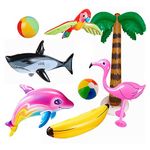 8 pcs Inflatable Palm Tree Flamingo Banana Beach Ball Parrot Shark Dolphin Beach Pool Toys for Tropical Hawaiian Luau Party Summer Pool Beach Party Outdoor Indoor Decorations (Inflated balloon-8pcs)