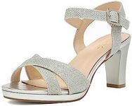 DREAM PAIRS Women’s Open Toe Ankle Strap Sparkly Strappy Chunky Heel Pump Sandals,Size 6,SILVER/GLITTER,ICE-1