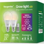 Necgemlex Smart LED Grow Light Bulbs with Remote Controller, Sun Mode, Built-in Daily Auto Timer, 4500K, A21/A70 E26/E27 9W Dimmable Full Spectrum Grow Bulbs for Indoor Plants, 2 Pack