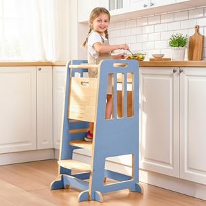 WINGYZ Toddler Tower - Anti-Tip Natural Wood Learning Stool for Kids 18M-6Y, 150lb Capacity Kitchen Stool with 3-Height Adjustable Platform and Sliding Door Access, 20lb Portable Design, Blue