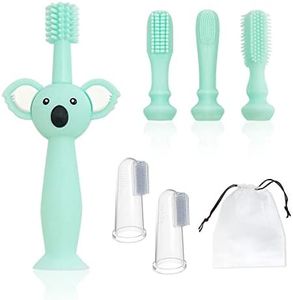 Brosse à dents pour bébé en silicone cyan 1 pièce avec 4 têtes, brosse à dents de nettoyage des dents de massage des gencives, brosse à dents à 2 doigts et 1 sac de rangement