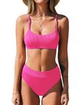 CUPSHE Women's Bikini Set Two Piece Swimsuit High Waisted Scoop Neck Swimwear, Rose Pink, Large