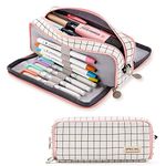 Pencil Case, Big Capacity 3 Compartments Canvas Makeup Cosmetic Pouch for Teen Boys Girls School Students Office (Plaid White)