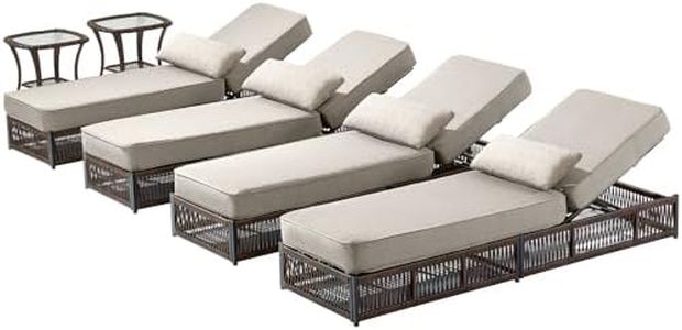 ACTREST Luxury Outdoor Chaise Lounge Chairs of 4 with 5 Inch Thick Cushions and Side Table - 6 PCS High Back Brown Wicker Rattan Patio Recliners Lounger Furniture Set for Poolside Sunbathing - Beige
