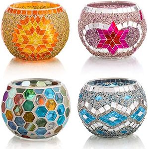 Okllen 4 Pack Glass Votive Candle Holders, Mosaic Tealight Bowls Round Decorative Candle Holder, Handmade Romantic LED Candle Lamps Holder for Home, Table, Party, Wedding Decor, 4 Styles
