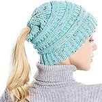 Taidor Messy Bun Ponytail Beanie Hat Colored Dots Cable Knit Cap Women Girls Winter Blue(Size: One Size)