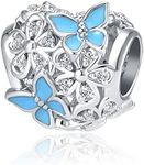 QeenseKc Butterfly Flower Garden Charm Bule Enamel Heart Crystal Openwork Bead fit Pandora Charm Bracelet, Blue, Aut-69-Butterfly-03