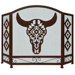 Rustic Decorative Foldable 3 Panel Southwest Tribal Bull Skull Fireplace Screen Cabin Lodge Farmhouse Ranch Native American Style Decoration