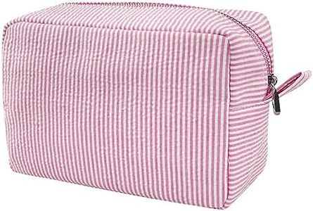 GFU Cosmetic Bag for Women, Large Makeup Bag, Travel Toiletry Stripe Cosmetic Bag, Seersucker Women Aesthetic Organizer Storage Pouch, Girls Handbags Purses (Pink)