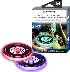 Xtreme Multi-Color LED Cup Holder Light, 2-Pack, Color-Changing, Universal Car Compatibility, Automatic Night Switch, Smart Sensor, Micro-USB Cable for Recharging, 15 Day Charge